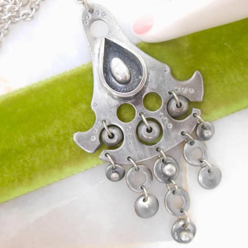 Vintage Brutalist Pendant Necklace Modernist Pewter Dangle Mid Century Jewelry